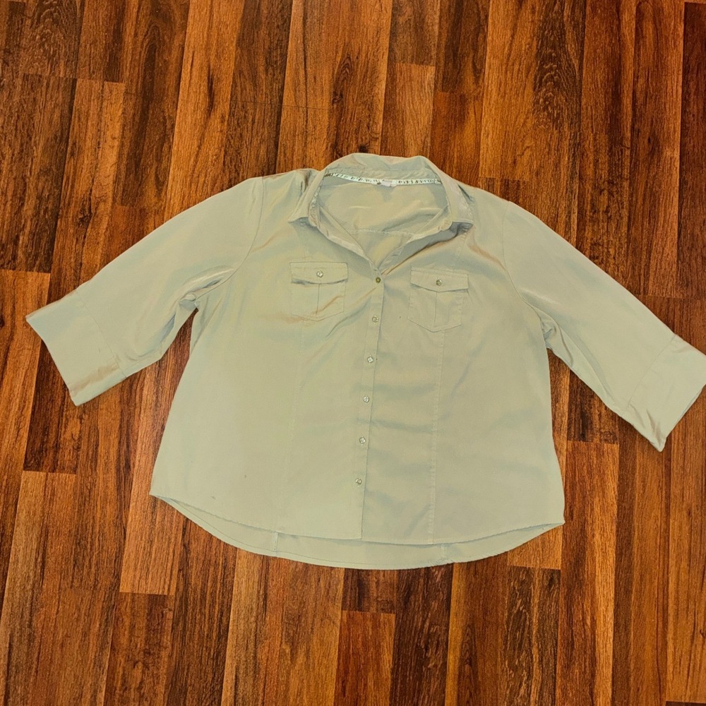 Cato Women Plus Size 22/24W Sage Green Button Down Shirt 3/4 Sleeve Blouse